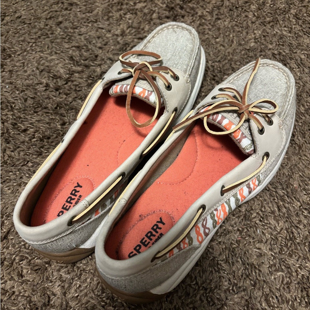Sperry Women's Beige Boat Shoes with Orange Insole & Brown Laces